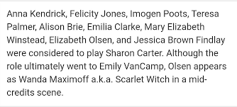 Til Elizabeth Olsen Originally Auditioned For The Role Of Sharon Carter In Tws Before Being Cast As Wanda Maximoff Source Imdb Trivia Marvelstudios