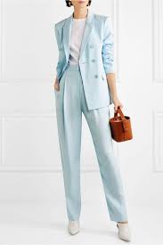 Tibi Double Breasted Satin Twill Blazer Sky Blue Blazer Outfits For Women Blue Blazer Women Ladies Trouser Suits