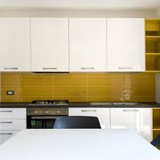 yellow backsplash and black countertops