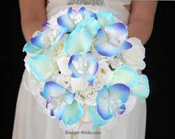 Tropical wedding bouquet, tropical bouquet, bird of paradise, tropical wedding, orange pink bouquet, plumeria bouquet, stargazer bouquet Blue Calla Lily And Blue Orchid Beach Theme Bouquet With Seashells And Brooches Perfect Destination Wedding Bouquets Beach Theme Wedding Silk Flowers Wedding