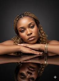 Studio photo with light grey backdrop and natural makeup