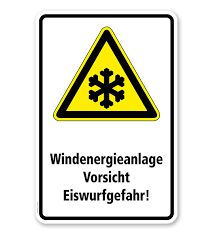 Verbotsschilder, hinweisschilder und warnschilder online selber gestalten. Warnschild Windenergieanlage Vorsicht Eiswurfgefahr