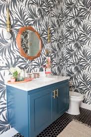 Trim on the bottom, wallpaper on top.i think it may look nice to have some architectural details in your juice green palms… silverfish swimming in the and turquoise water of the ocean. Pool Bathroom Reveal Styled By Cost Plus World Market Cc And Mike Blog Bathroom Wallpaper Trends Bathroom Wallpaper Gorgeous Bathroom