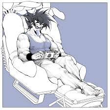 son goku, dragon ball, dragon ball super, highres, 1boy, bara, covered  erect nipples, food, food in mouth, glasses, handheld game console,  holding, holding handheld game console, large pectorals, male focus,  muscular, muscular