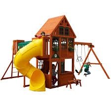 This swing set is action packed with a full assortment of play features perfect for any sized yard. Cedar Grove Manor Wooden Swing Set Playset Kidkraft F24827