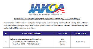 Jabatan kemajuan orang asli merupakan sebuah jabatan kerajaan yang dipertanggung jawabkan untuk mengurus hal ehwal orang asli di malaysia. Permohonan Jawatan Kosong Di Jabatan Kemajuan Orang Asli Malaysia Jakoa Kelayakan Spm Diploma Ijazah