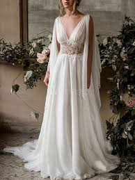 Jedes hochzeitskleid ist einmalig und nur für sie gemacht. Boho Hochzeitskleid 2021 A Line Armellos V Ausschnitt Ruckenfrei Romanischen Stil Brautkleider Milanoo Com