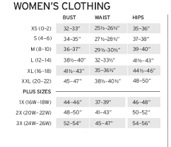 Womens Clothing Size Chart Inches Bust Waist Hips