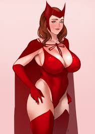 jnsdh, scarlet witch, avengers (series), marvel, marvel cinematic universe,  wandavision, absurdres, highres, 1girl, animification, blue eyes, breasts,  brown hair, cape, cowboy shot, elbow gloves, gloves, hands on own hips,  highleg, highleg leotard,