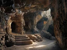 a deep cavern opens in the rock, hidden ...