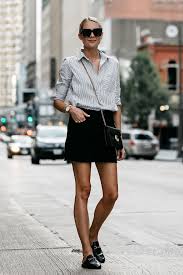 Black And White Striped Shirt Outfit Women S Blonde Wearing Nordstrom Black And White Stripe Shirt Black Denim Skirt Outfit Gucci Mules G Miniskirt Outfits Black Mini Skirt Outfit Black Denim Skirt Outfit