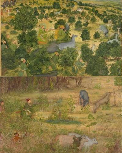 These four paintings depict hunting scenes during the Mughal period. In the first painting, Aurangzeb is shown hunting nilgais, circa 1660, while in the second, his elder brother Dara Shukoh is seen