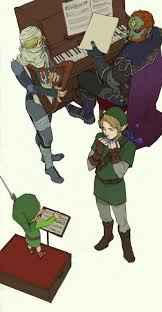 Ganondorf At The Piano Sheik On The Harp Link On The Ocarina And Wind Waker S Link Directing With The Wind Waker The Leg Legend Of Zelda Legend Smash Bros