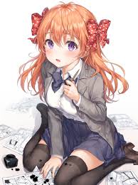 roha, sakura chiyo, gekkan shoujo nozaki-kun, absurdres, highres, 1girl,  black thighhighs, blue skirt, bow, bowtie, breasts, collared shirt, female  focus, grey jacket, hair bow, ink, jacket, loafers, long hair, long  sleeves, looking