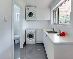 Our laundry room makeover made some progress this weekend. Mid Sized Contemporary L Shaped Dedicated Laundry Room And Bathroom Combo Laundry Room Design Laundry Bathroom Combo Laundry Room Makeover