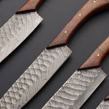 Damascus steel chef knife set/ 7 pieces kitchen knife set wood handle with leather roll sheet, valentine gift, gift for her, kitchen and dining. 5 Pcs Damascus Chef Knife Set Apollobox