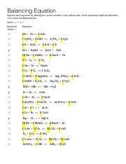 Balancing Equation Answers Pdf Balancing Equation Balance Each Equation By Adding The Correct Number In The Yellow Area Some Equations Might Be Course Hero