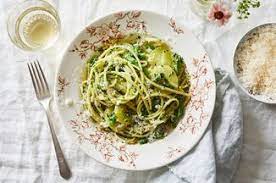 Pesto Pasta With Green Beans Potatoes From Nancy Harmon Jenkins Recipe On Food52 Recipe Pasta With Green Beans Pesto Pasta Pesto Pasta Recipes