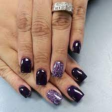 Black and purple nail design with stripes of black and silver glitter! 30 Chosen Purple Nail Art Designs For Creative Juice