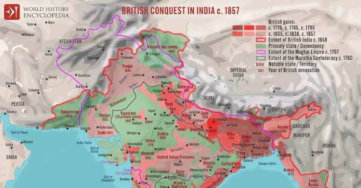 Map of the British Conquest in India c. 1857 - World History Encyclopedia