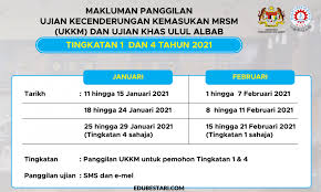 Semakan keputusan peperiksaan spm 2015 secara sms dan online. Semakan Tarikh Baharu Ujian Kecenderungan Kemasukan Mrsm Ukkm Ujian Khas Ulul Albab 2021 Edu Bestari