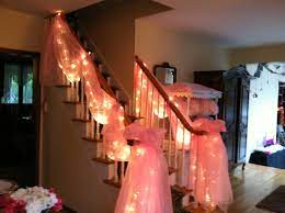 If your reception venue includes a staircase, use these wonderful wedding ideas to gain some decorating inspiration. Staircase Draped In Tulle And Lights Stair Decor Wedding Staircase Staircase Decor