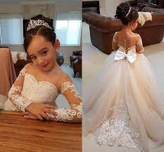 Elegant Ball Gown Flower Girls Dresses For Weddings Sheer Neck Long Sleeves Ap White Flower Girl Dresses Flower Girl Dresses Champagne Kids Flower Girl Dresses