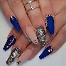 It's usually hard to grow your light beige with gold rhinestones on accent finger. The Hottest Acrylic Nail Designs Ideas Are So Perfect For 2019 Hope They Can Inspire You And Read The Article Blue Acrylic Nails Blue Nails Blue Coffin Nails