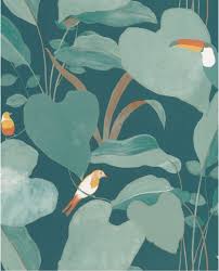 Ce papier peint est composé de chevrons au contour doré qui reposent sur un vert émeraude. Papier Peint Tropical Caselio Odyssee Amazonia Bleu Vert Orange Dore