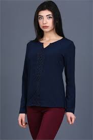 V Yaka On Dantel Detay Sifon Lacivert Bluz Bluz V Yaka Dantel