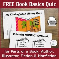 Library Quiz For Book Basics Parts Creators Fiction Nonfiction Mrs J In The Library In 2020 Library Lessons Elementary Kindergarten Library Parts Of A Book
