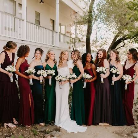 wedding photos with bridal party wearing jewel tone bridesmaid dresses