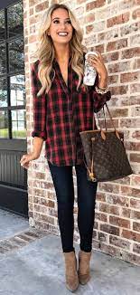 Winter Outfits Black And Red Check Long Sleeved Collared Top Fashion Fashion Clothes Women Casual Outfit Inspiration