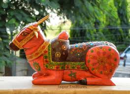 Wooden Sitting Cow Statue Figure Showpiece Home Decor Etsy Hand Painted Cow Ornaments Colorful Elephant