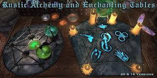 A Rustic Overhaul Of The Alchemy And Enchanting Tables Of Skyrim The Aim Was To Bring Real Antiquity To These Arc Fantasy Craft Skyrim Enchanting Viking Party