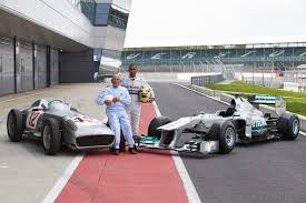 Past And Present Sir Stirling Moss Mercedes Benz W 196 Lewis Hamilton And Mercedes Amg Petronas At Silverstone 31 May 2013 F1 Pilot