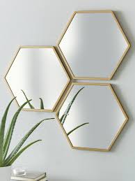 Set Of 3 Gold Hexagon Wall Mirrors In 2020 Wall Mirror Decor Living Room Mirror Design Wall Hexagon Mirror