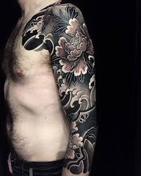 Black And Grey Tattoo Designs Half Sleeves Beautiful Half Sleeve Japanese Tattoo With Peonies And Waves Black And Grey Tattoos Sleeve Japanese Sleeve Tattoos Grey Tattoo