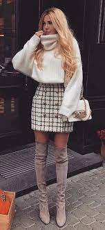 Winter Outfits White Turtle Neck Top And Check Skirt Outfit Fashion Fall Outfits Fashion Outfits