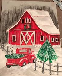 Red Truck And Red Barn Acrylic Painting Festive Winter Etsy Acrylic Wall Decor Red Barn Painting Christmas Paintings On Canvas