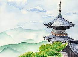 Watercolor painting of birds and sun rays above the sea. Japanese Temple Kyoto Kiyomizudera Art Watercolor Painting Japanese Watercolor Japan Watercolor Watercolor Scenery