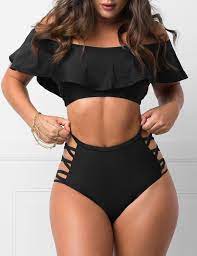 Ruffle Criss Cross Two Piece Swimsuit In Black Sheshow Swimsuits Outfits Swimsuits Sporty Girls Bathing Suits
