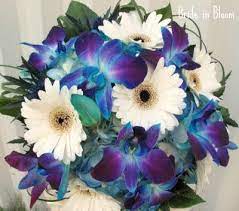 This beautiful bridal bouquet is made with lavender, purple hydrangeas, gerbera daisies, galaxy orchids, thistles and accented with peacock feathers. Bride In Bloom Blue Orchid Bridal Bouquets Blue Orchid Wedding Bouquet Orchid Bouquet Wedding Blue Orchid Wedding