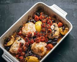 Each serving of this middle eastern olive chicken recipe has just 8 points per serving, which includes a chicken breast smothered in potatoes and a spicy green olive sauce. Oven Baked Chicken Thighs With Olive Tomato And Lemon The Cook Up Kumi Taguchi Sbs Food