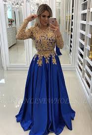 Modern Royal Blue Gold Lace Evening Dress Long Sleeve Party Gown Long Sleeve Dress Formal Lace Evening Dresses Lace Evening Dress Long