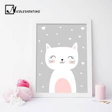 Kawaii Wall Art Print For Kids Room Or Nursery With An Illustration Of A Cute Happy White Cat Over Grey Backgrou Kids Room Paint Kids Room Poster Room Posters