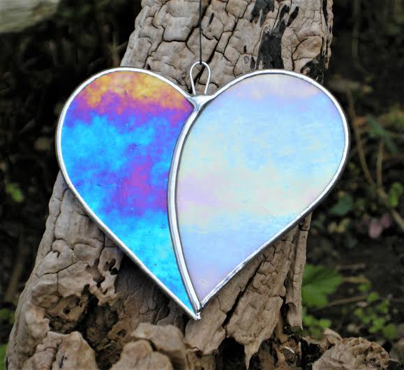 Stained Glass (Love Heart) in white and blue iridescent glass - Witney Stained  Glass