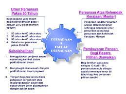 Umur persaraan wajib(genap umur) anggota perkhidmatan awam adalah 55/56/58 atau 60 tahun tertakluk kepada opsyen umur persaraan yang dipilih kumpulan wang persaraan (diperbadankan) jabatan perkhidmatan persaraan, aras 2, skytech tower 2, mkn embassy techzone, jalan. Persaraan Atas Kehendak Ppt Download