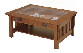 Mission style low coffee table with a unique and clean look and beautifully worn wood. Amish Lancaster Mission Glass Top Display Coffee Table