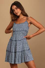 Navy Blue Babydoll Dress Floral Sundress Tiered Mini Dress Lulus